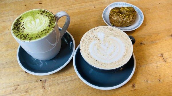 Maple Matcha Latte, London Fog with Assam and Cardamom, Honey lavender pistachio Doughnut