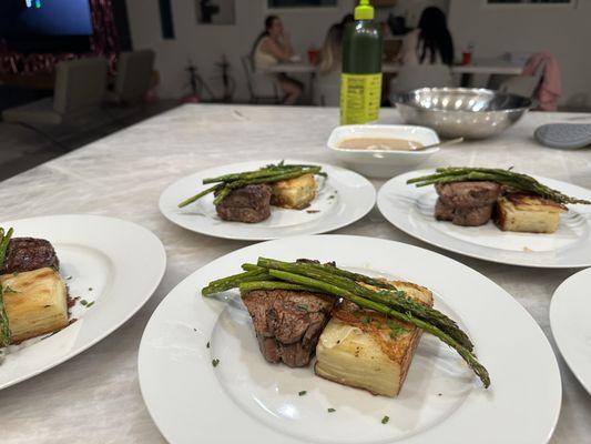 Filet, potatoes au gratin, charred asparagus