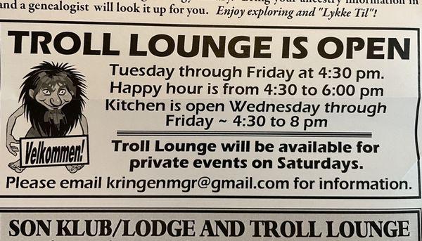 Current Troll Lounge hours