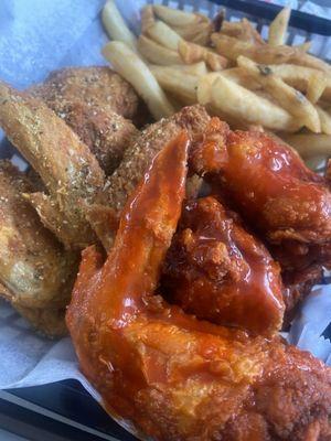 10 piece chicken and fry (half lemon pepper and half Buffalo)