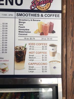 Smoothie & coffee menu