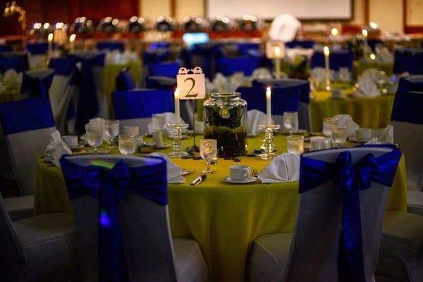 Perfectly steamed tablecloth and modern spandex chair covers with neatly tied sashes!