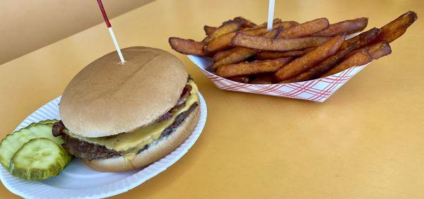 Bacon cheese burger and Sweet Potato Fries