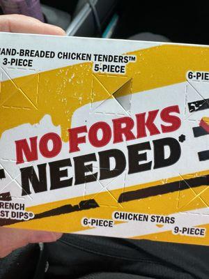 "No forks needed" because this shit is so nasty you won't want to eat it