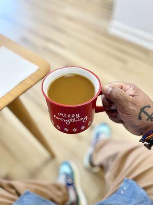 Delicious Guatemalan Drip coffee...Mug not included.   I like bringing my own mugs to enjoy the great tasting coffee! :)