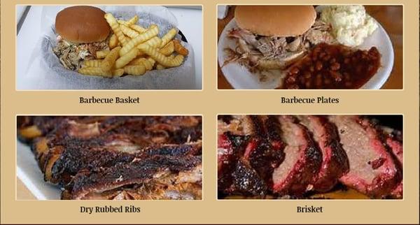 We offer hickory smoked Pulled or Chopped Pork BBQ, Baby Back Ribs, Brisket, Bologna.