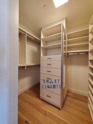 Walk-In Closet in Etched White Chocolate Finish Designed by Smart Closets