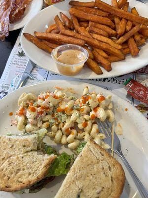 Fried green tomato BLT, side SD Sweet Fries, AVOCADO TOAST