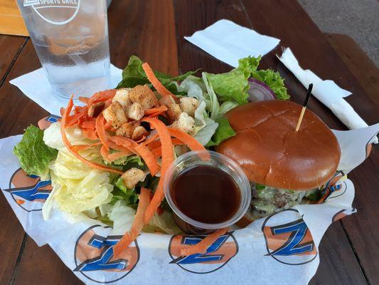 Burger and side salad