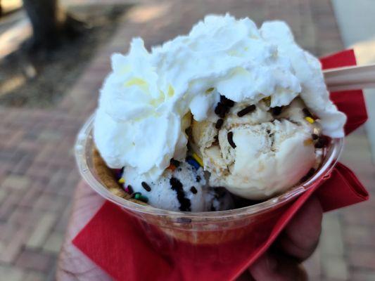 Oreo and cappuccino crunch with sprinkles and whipped cream on a waffle bowl.