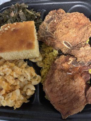 Pork Chops, Mac and Chees, Collard Greens, Corn Bread and Rice.