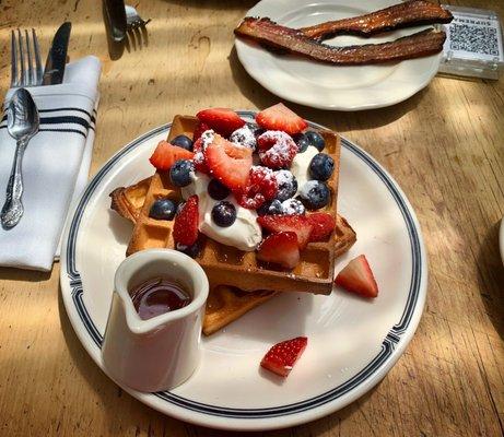 Waffles & Berries [$16] and Steak House Bacon [$5]