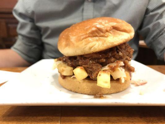 The special of the day: pulled pork sandwich over fries and coleslaw