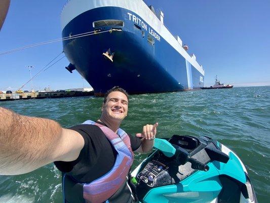 Stopping by to take a selfie with a huge cargo ship while on the water