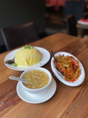 Sweet Corn Soup, Egg Wrapped Fried Rice, Pan Fired Chilli Paneer (Signature Item)