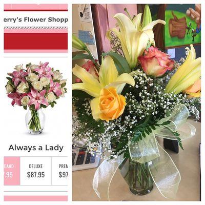 Comparable price point arrangement from website vs what we actually received. Florist admitted that their website is "deceiving."