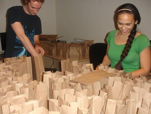 Packing lunches for a homeless food drive in San Diego, CA.