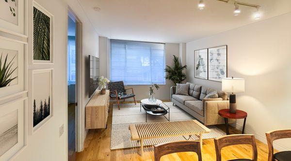 The living space in a luxury NYC apartment at Emerald Green in Midtown West Manhattan