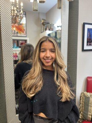 This beautiful Balayage with sweet caramel, dark chocolate & toffee is a perfect blend to complement Alayiah's sun kissed skin tone.