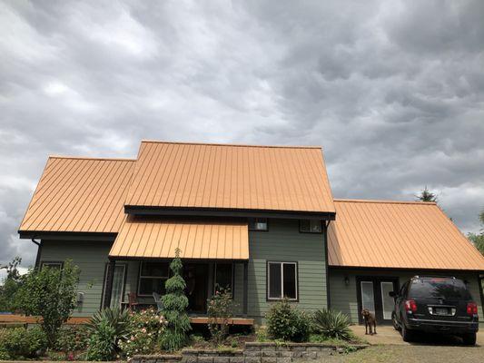 Copper Penny metal roof on this home in Silverton, OR