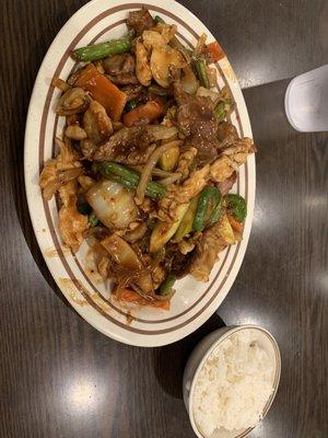 Szechuan Beef and Chicken Dinner. Delicious