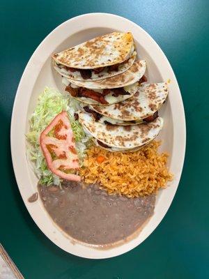 Al pastor quesadillas with rice,beans and salad (quesadilla dinner)