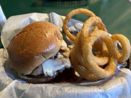 McNasty burger with cheddar and bacon with onions. They went to white cheddar I guess so thats why its not the typical orange color lol