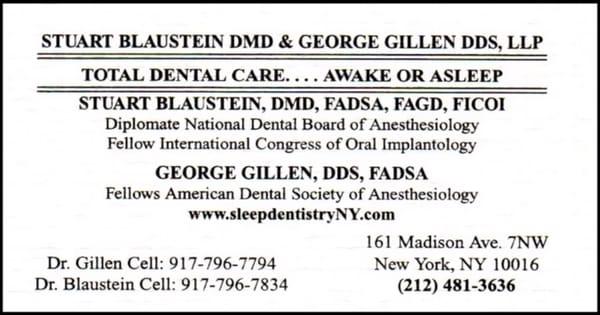 Business card & Youtube video of STUART BLAUSTEIN DMD & GEORGE GILLEN, Two of NYC Top Dentist & youtube.com/watch?v=bxbl…