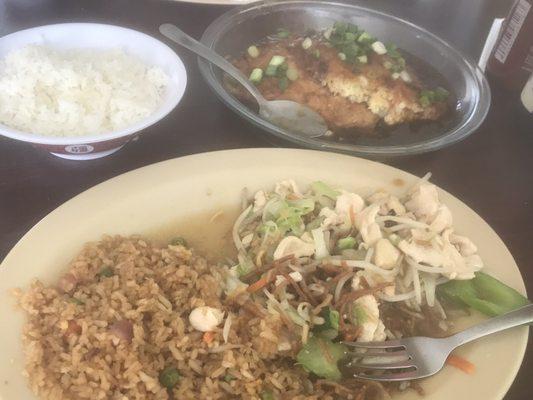 Chicken Chow Mien, fried rice and #89. BBQ Egg Foo Young