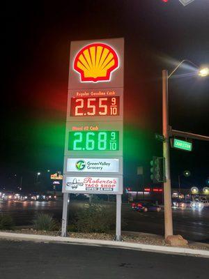 Shell 7801 charleston lv nv 89117 Shell landmark sign showing gas prices end of year December 31, 2020