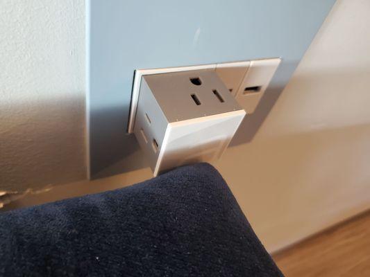 The outlets pop out (cool?) but they are poorly spaced around the room.