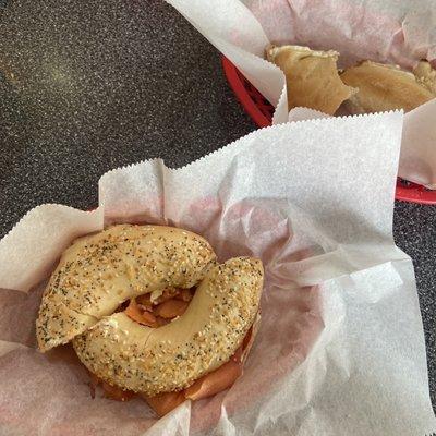 lox bagel with veggie cream cheese, plain bagel with plain cream cheese