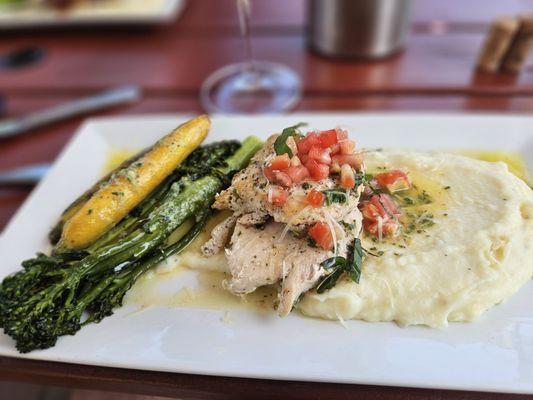 Chicken piccata, seasonal vegetables and pommes puree