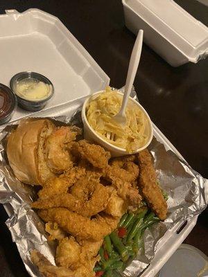 Platter with fried catfish, shrimp, green beans, and Mac and cheese