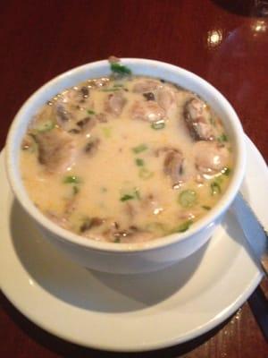 Coconut chicken tom kha. Lots of chicken mushrooms piping hot 3.75 delish