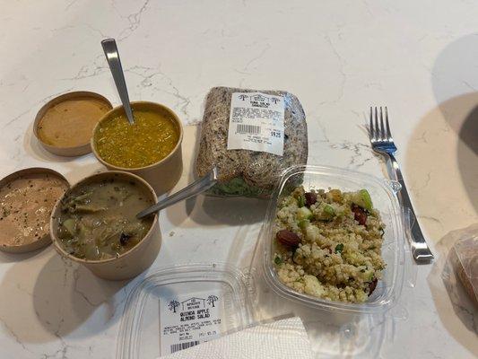 Artichoke lima bean, coconut curry miso soups, tuna salad sandwich and quinoa apple almond salad