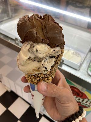 Chocolate and mint in a peanut-dipped waffle cone