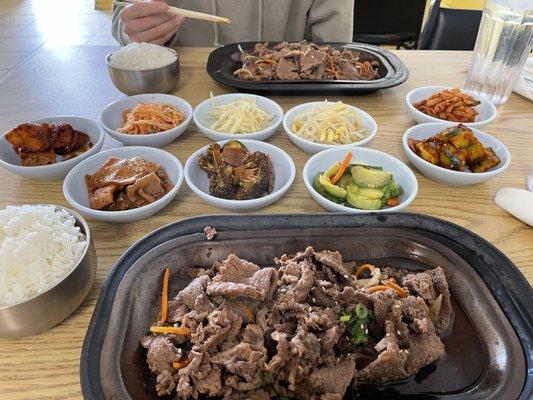 Bulgogi beef, white rice and banchan (vegetable side dishes)