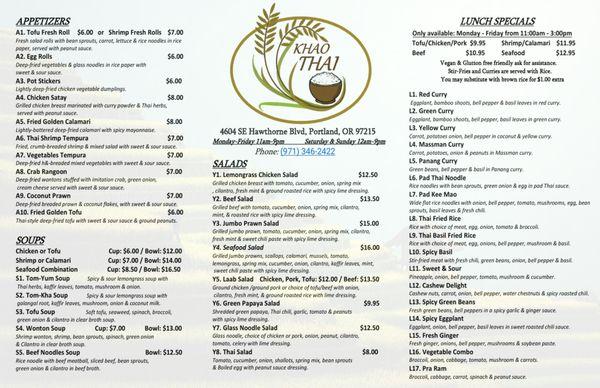 Khao Thai Main Menu front