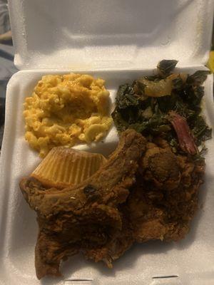 Mac & Cheese, Collatd Greens Fried PortChop corn bread D E L I C I O U S