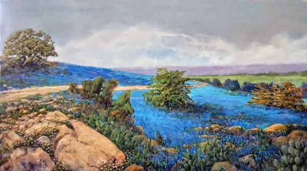 Bluebonnet hillside by Mike Wilson.  Stop by and view this large painting in person.  Mon. - Sat. 10am-5pm