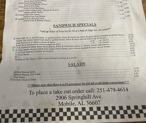 Sandwich & Specials Menu