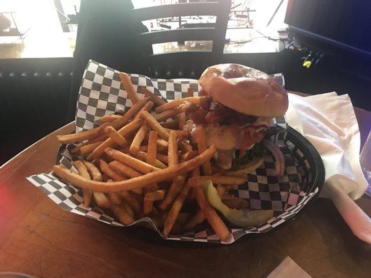 Bacon blue burger and a hoard of fries