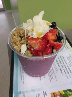 Acai Bowl made with banana, acai, strawberries, blueberries, and any topping you want