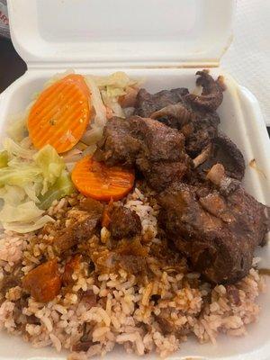 Stew Chicken, Rice and Peas, Steamed Vegetables