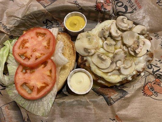 Turkey burger with sautéed mushrooms and mozzarella/provolone blend