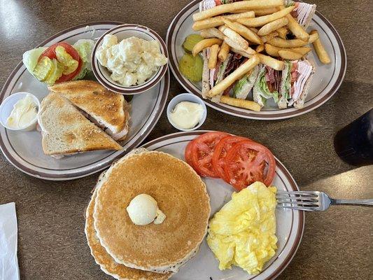 Sliced Turkey Sandwich, Turkey Club Sandwich, Two Eggs with 2 Pancakes