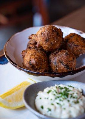 newaukum valley leek fritters, preserved lemon aioli