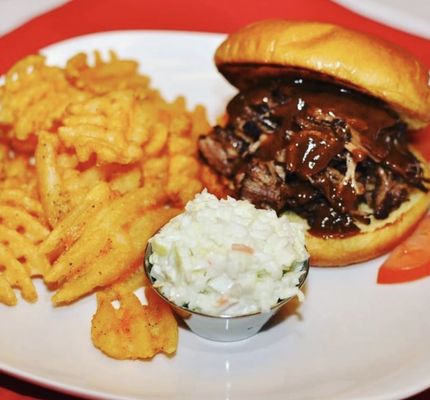 Pulled Jerk Beef Sandwich with Waffle Fries and Slaw