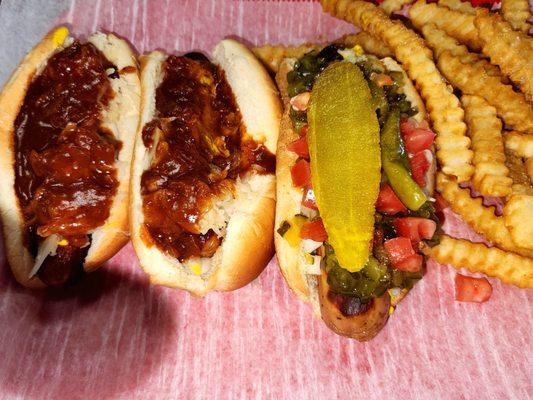 Two regular Tony's and one Chicago dog with fries.